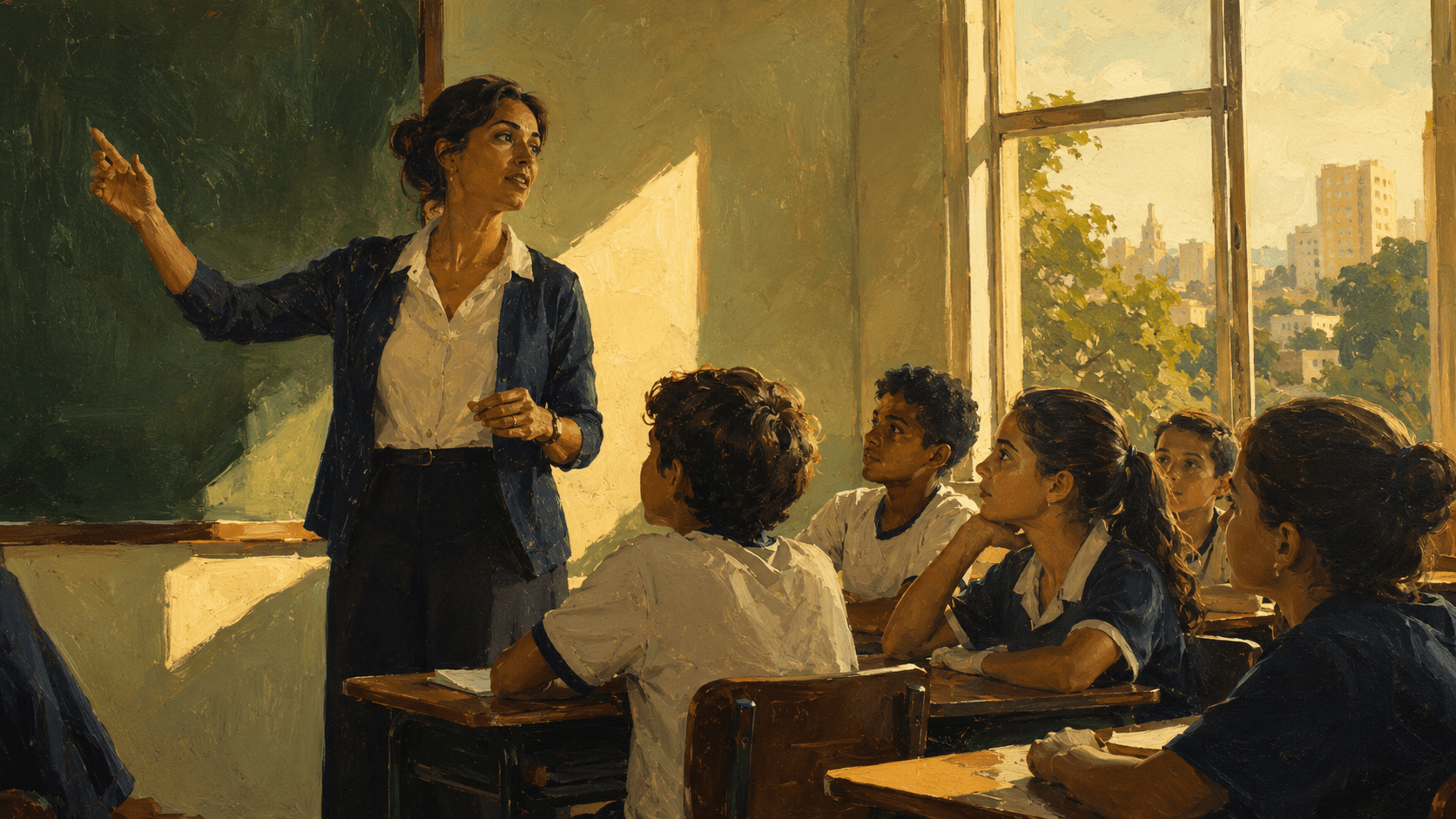 Sala de aula em luz da manhã, professora em diálogo com alunos